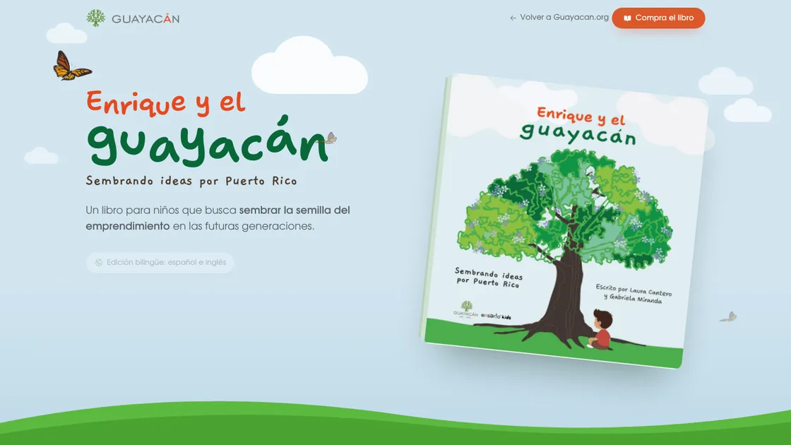 Enrique y el guayacán book website: the illustrated cover beside the title 'Sembrando ideas por Puerto Rico'